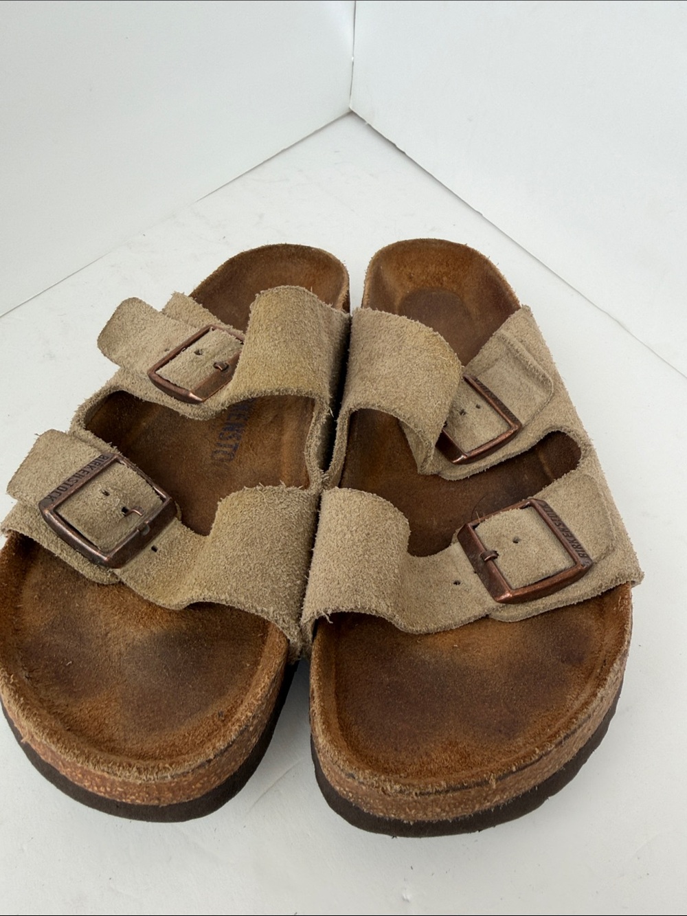 Birkenstock Suede Two-Strap Sandals in tan size 10
